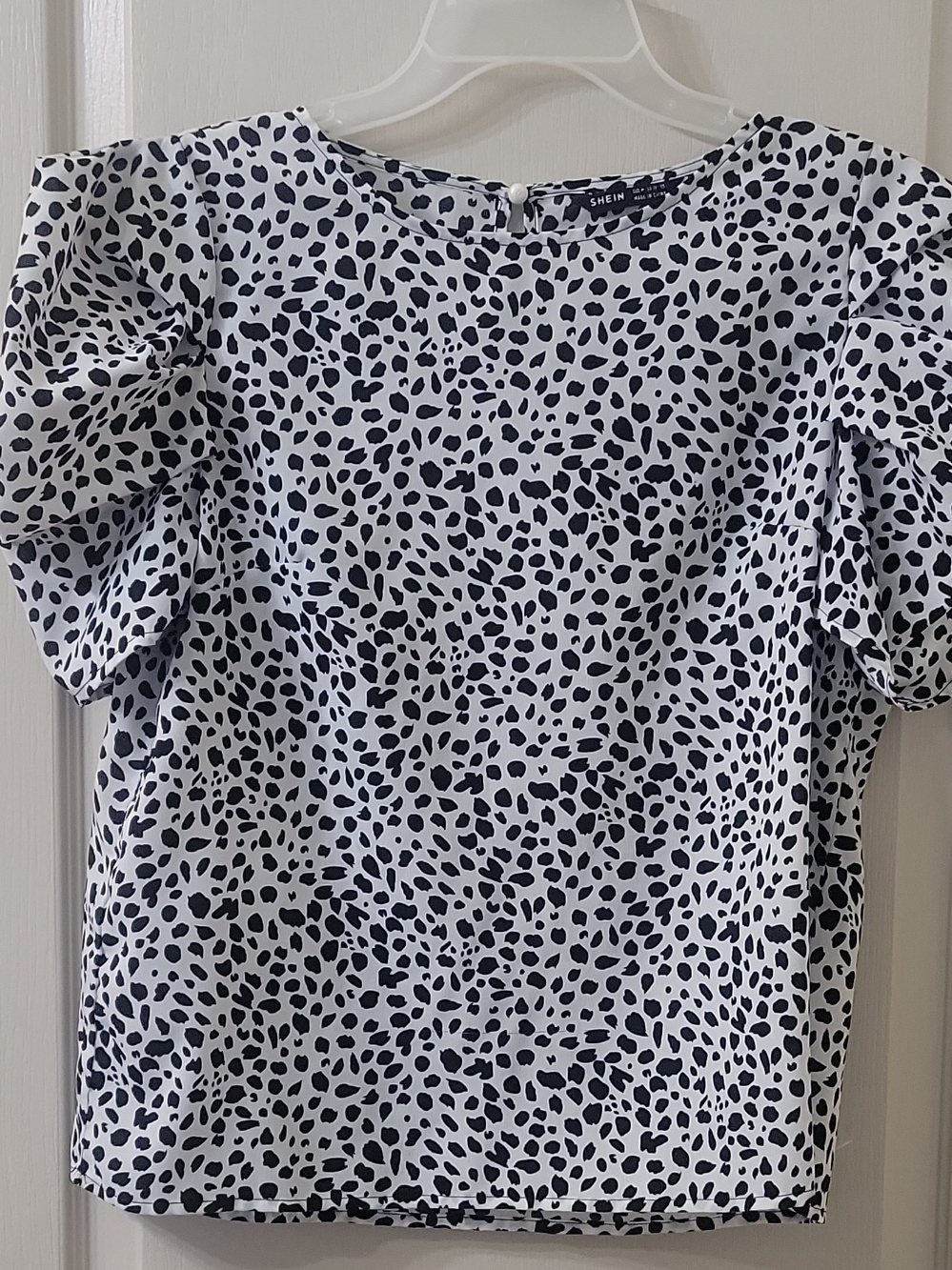 SHEIN White Blouse with Black Spot Print and Puff Sleeves